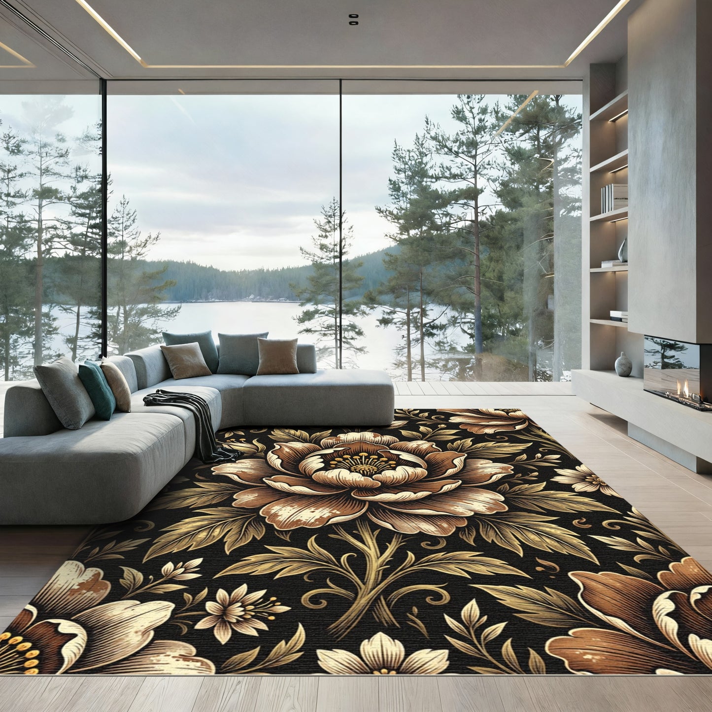 Ornate Golden Floral Black Background Rug
