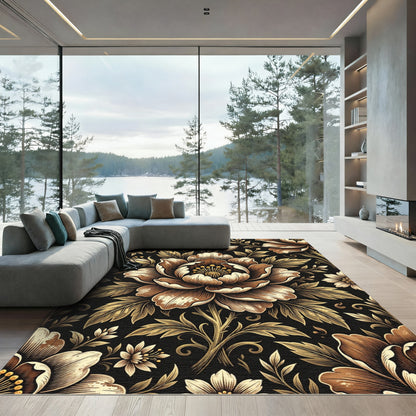 Ornate Golden Floral Black Background Rug