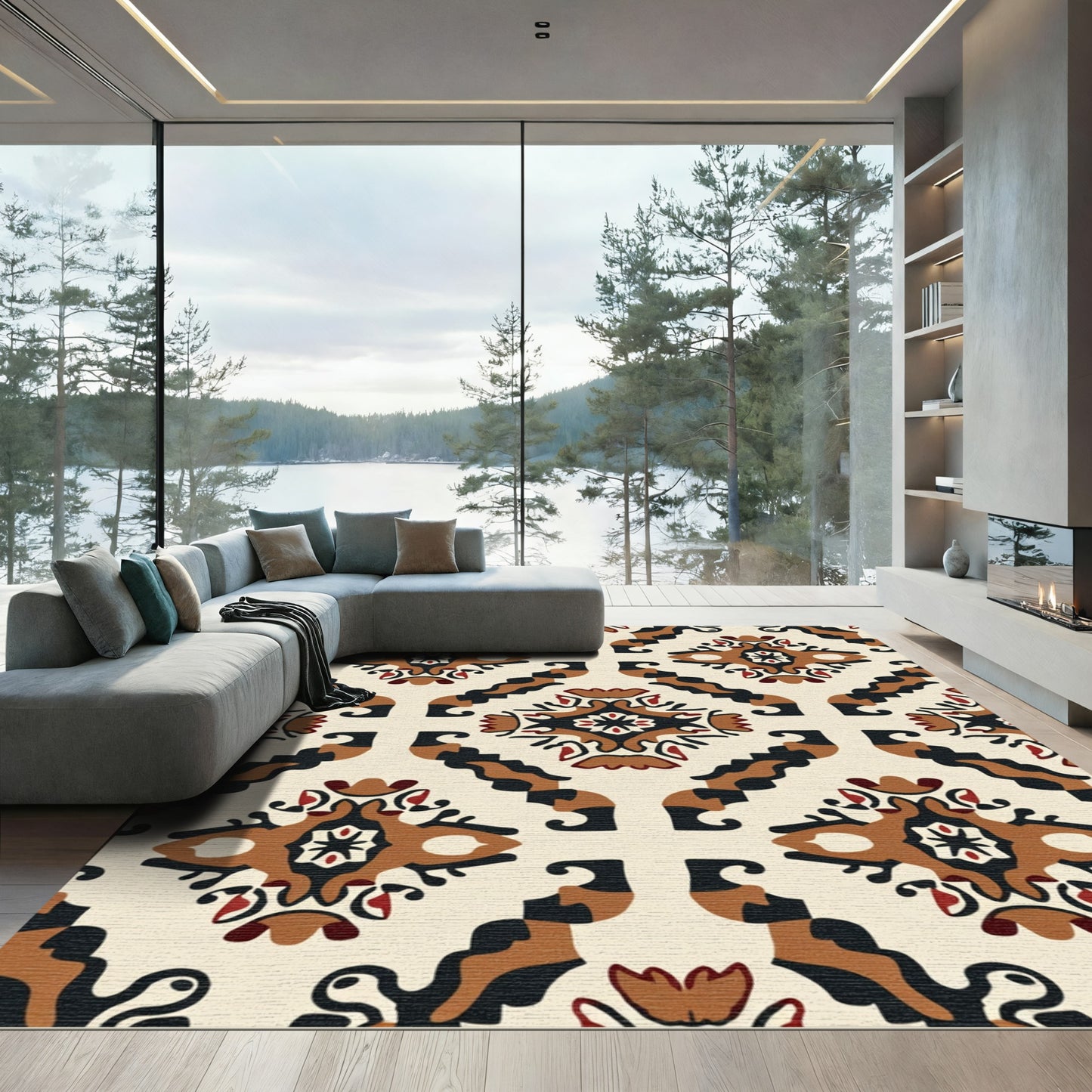 Terracotta Red Black Medallion Lattice Rug