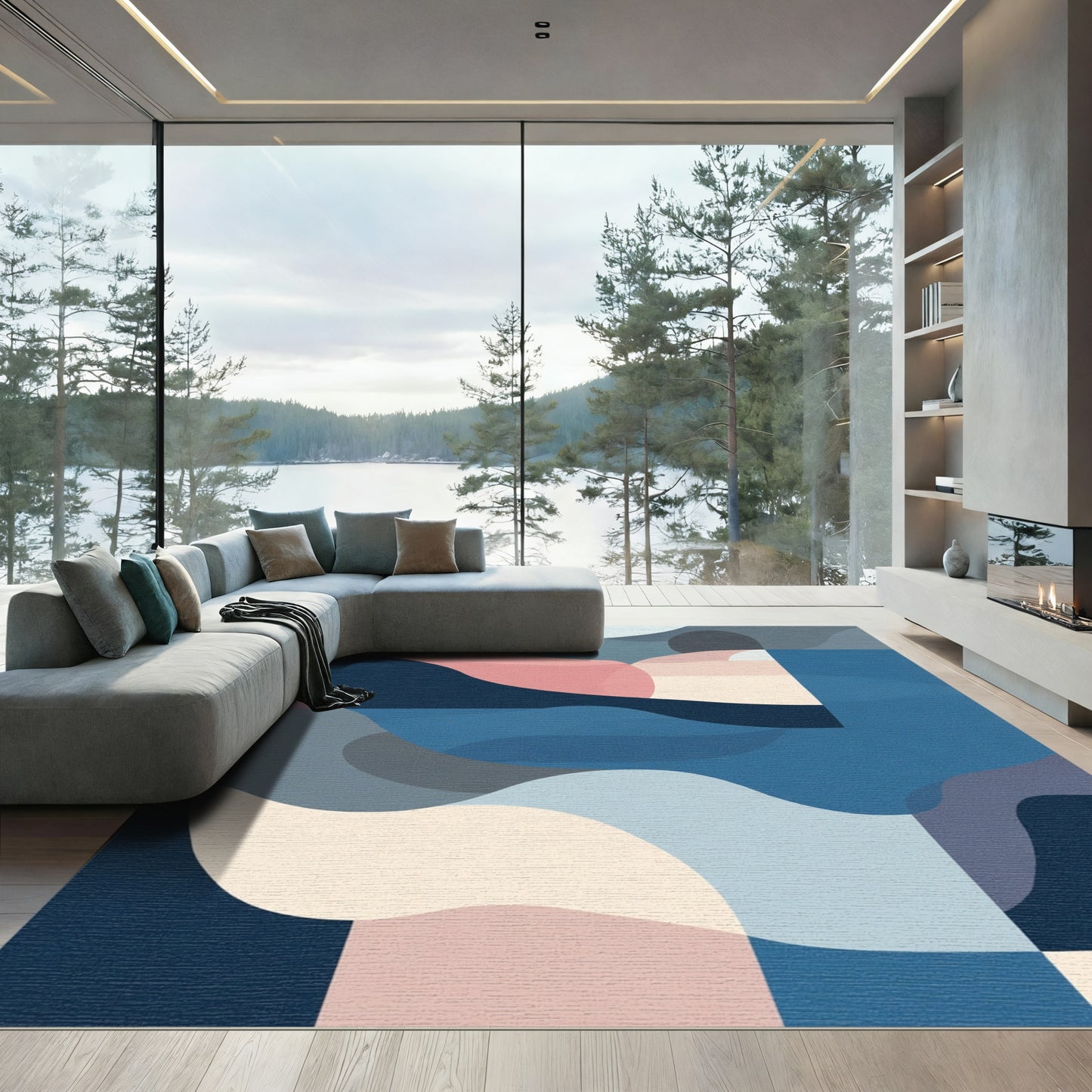 Modern Abstract Blue Pink Wavy Rug