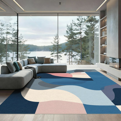 Modern Abstract Blue Pink Wavy Rug