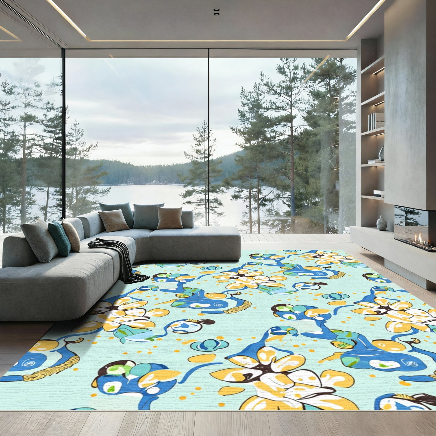Abstract Blue Yellow Floral Swirls Rug