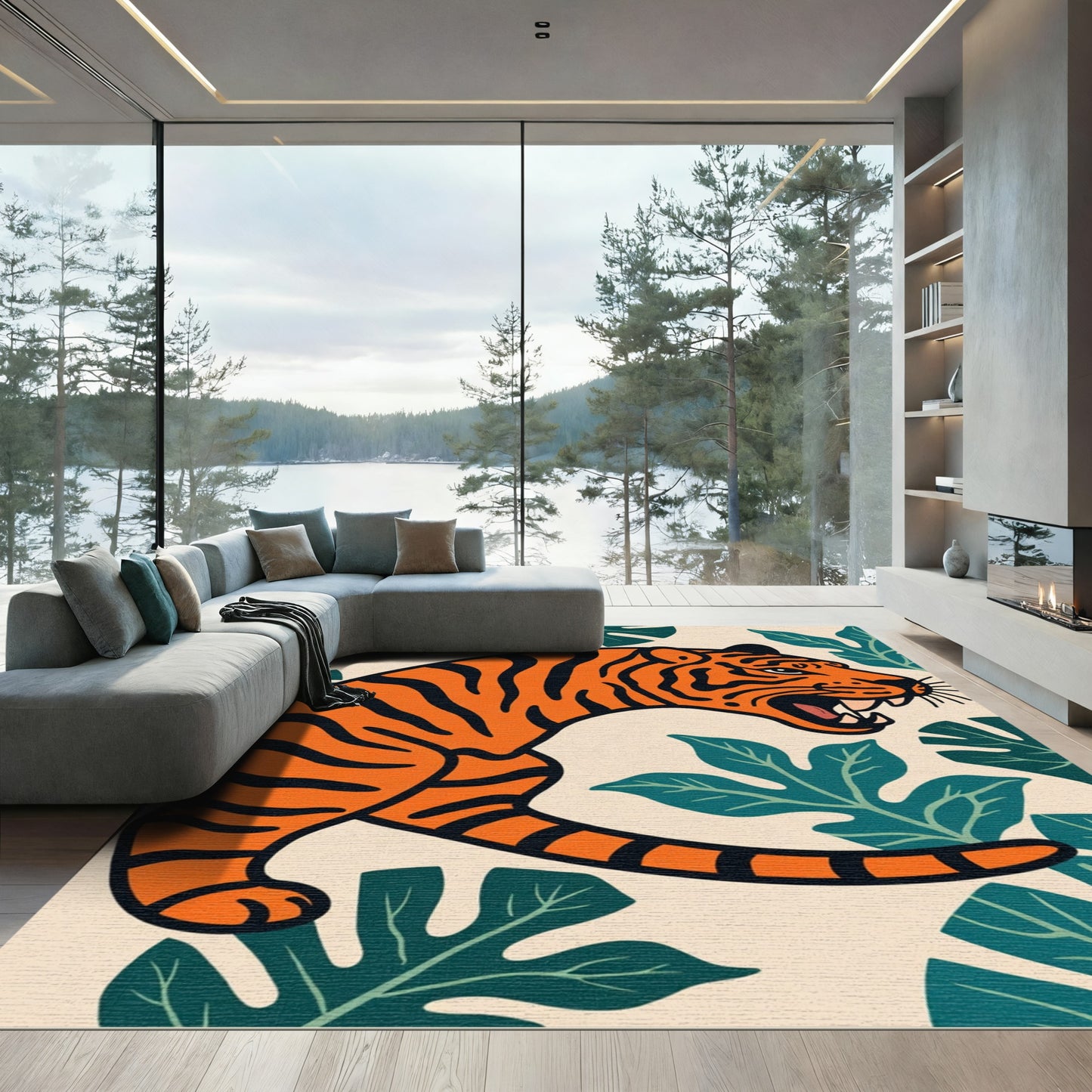 Bold Orange Tiger Tropical Leaves Rug