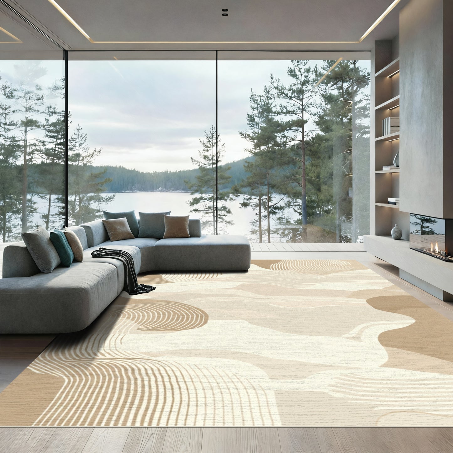Beige Abstract Wavy Landscape Rug