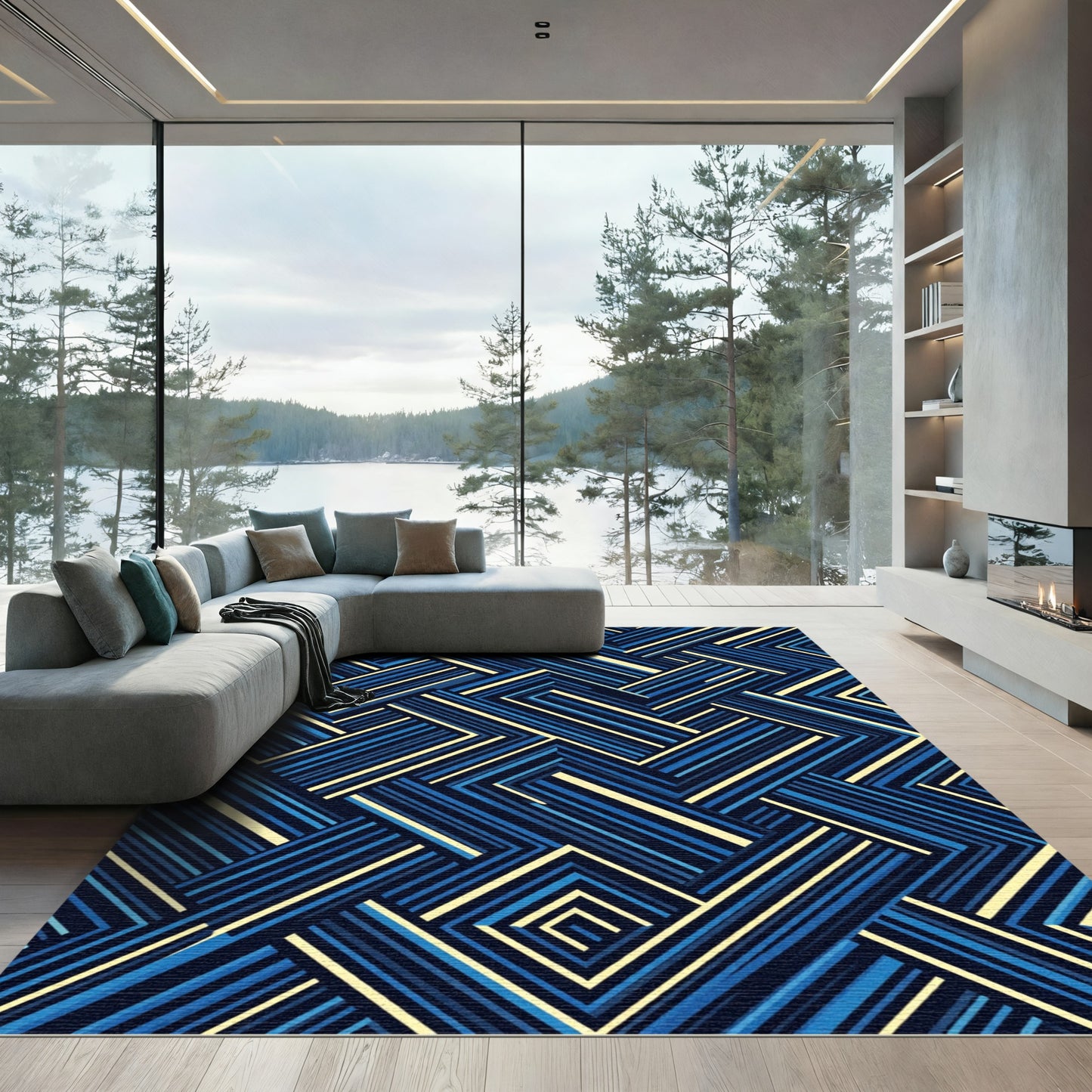 Deep Blue Geometric Interlocking Lines Rug