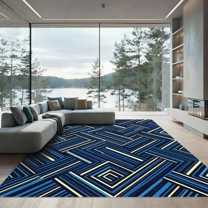 Deep Blue Geometric Interlocking Lines Rug