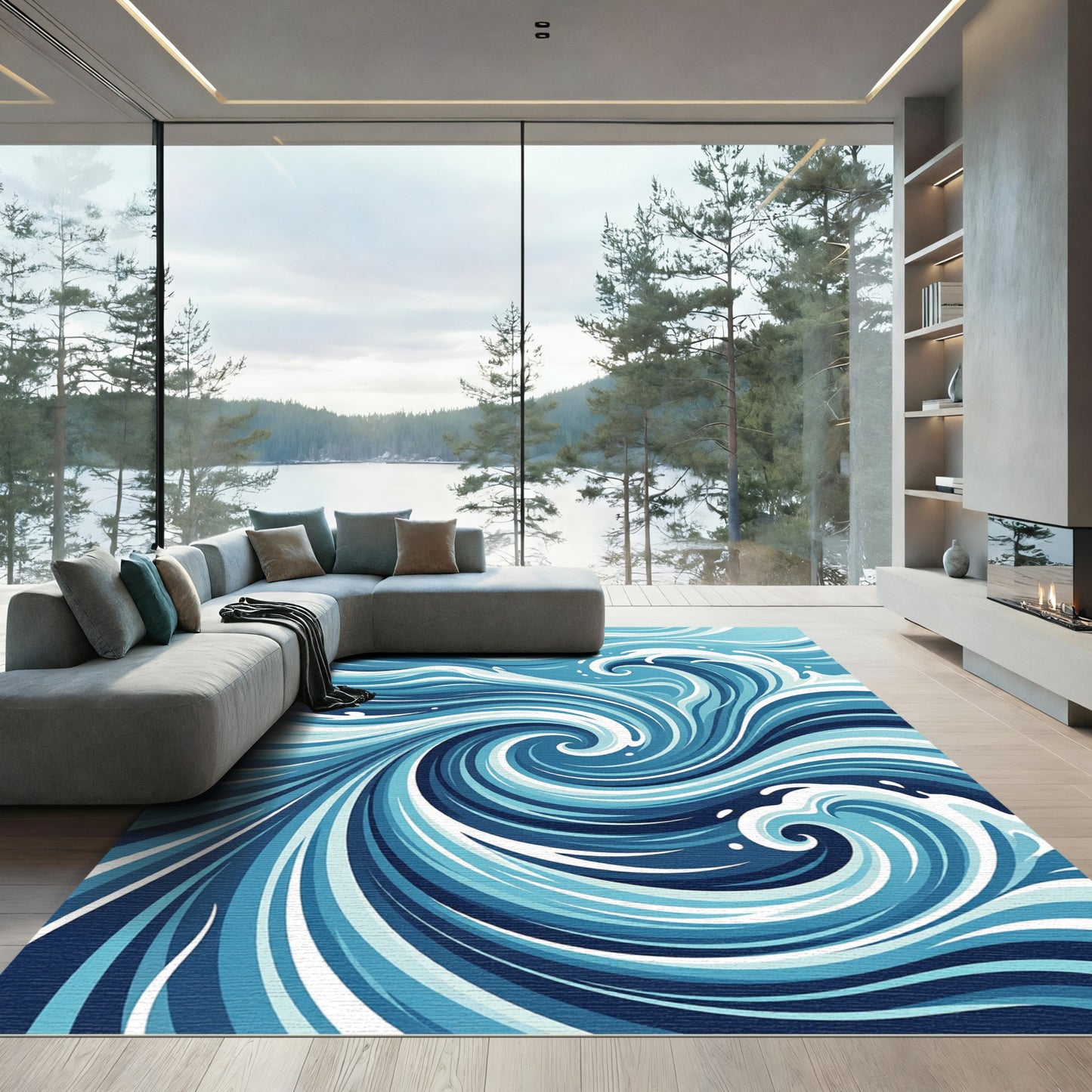 Abstract Swirling Indigo Ocean Wave Rug