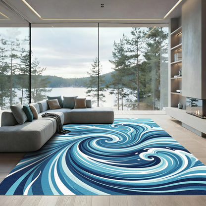 Abstract Swirling Indigo Ocean Wave Rug