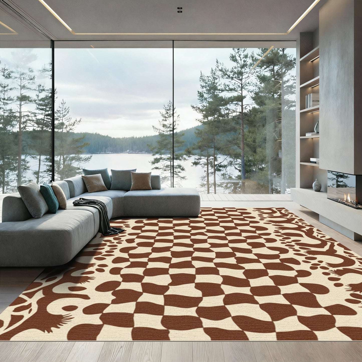 Brown Checkerboard Organic Border Rug