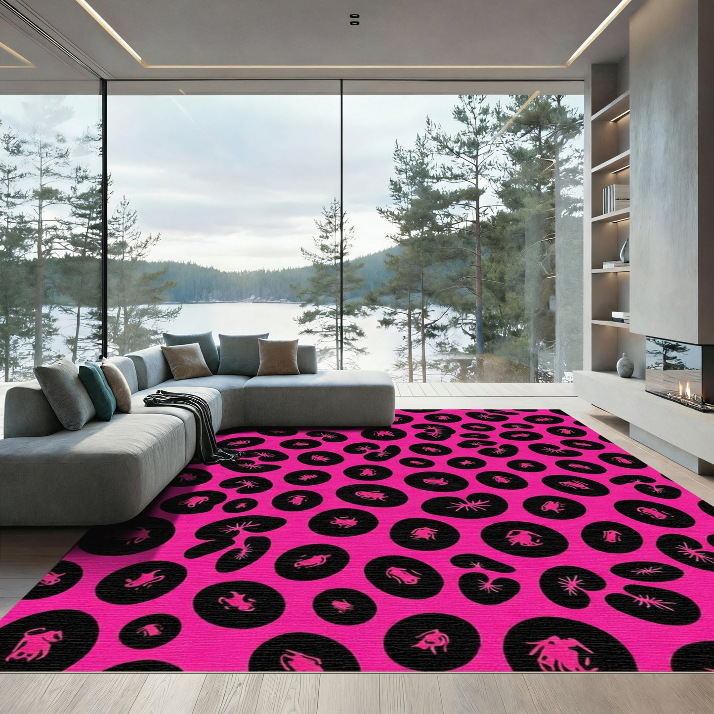 Bright Pink Black Organic Shape Rug