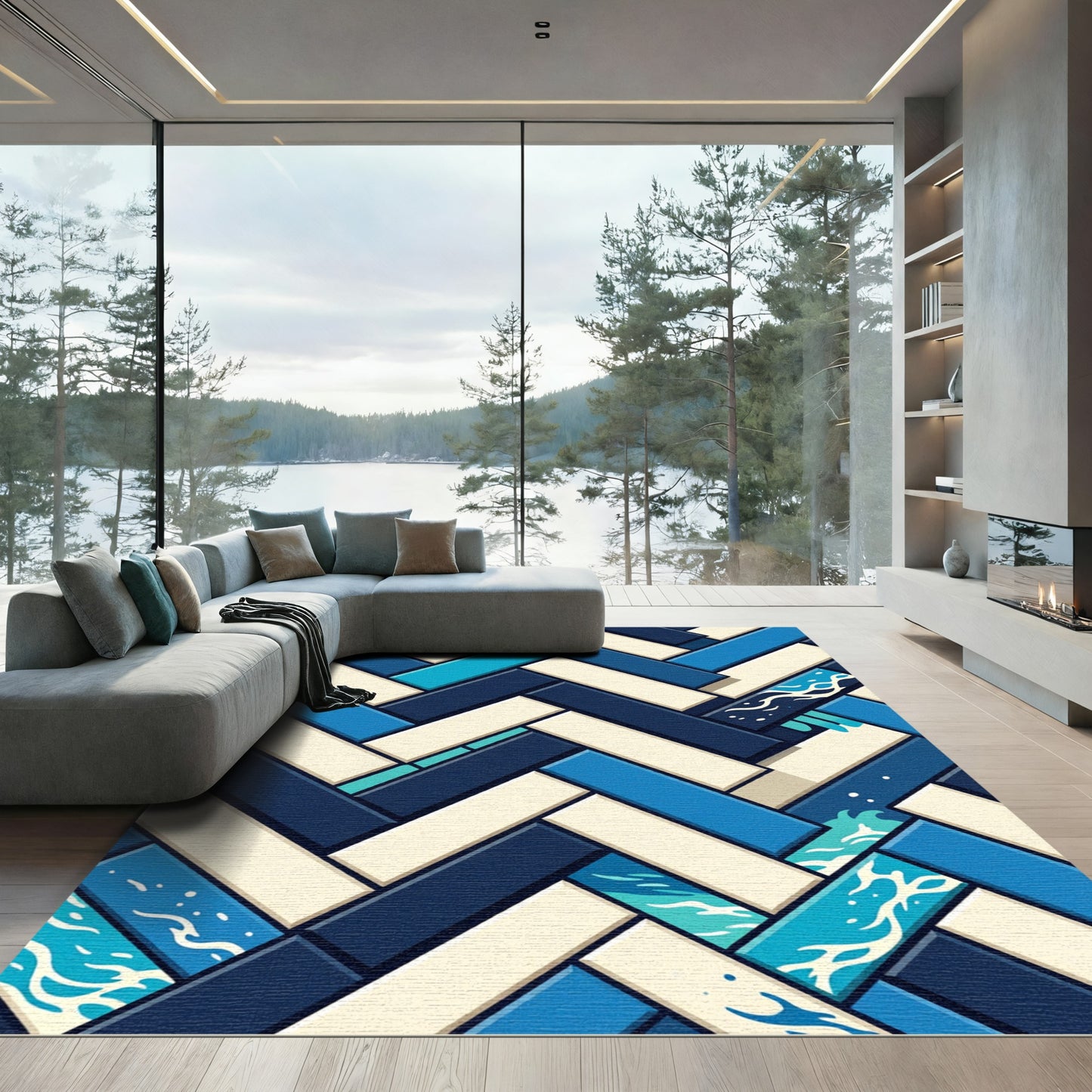 Geometric Herringbone Blue White Wave Rug