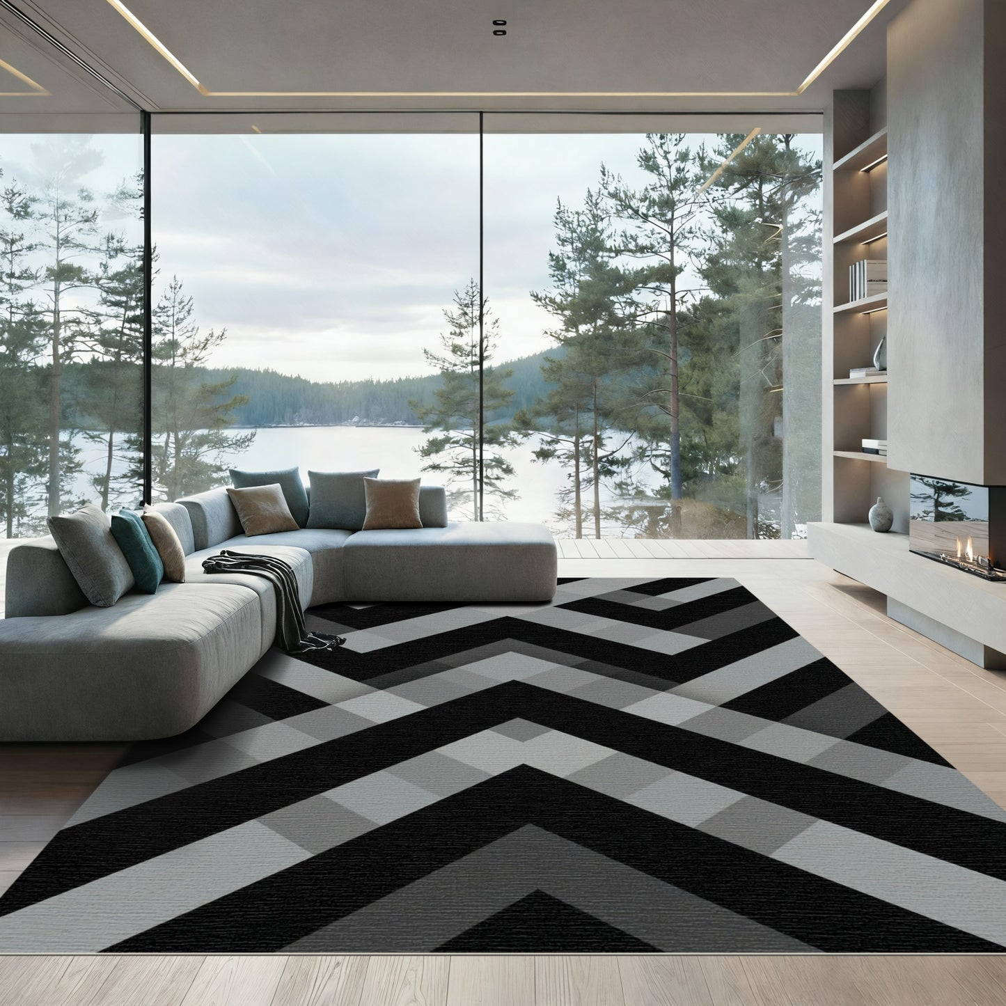 Monochromatic Gray Geometric Chevron Rug