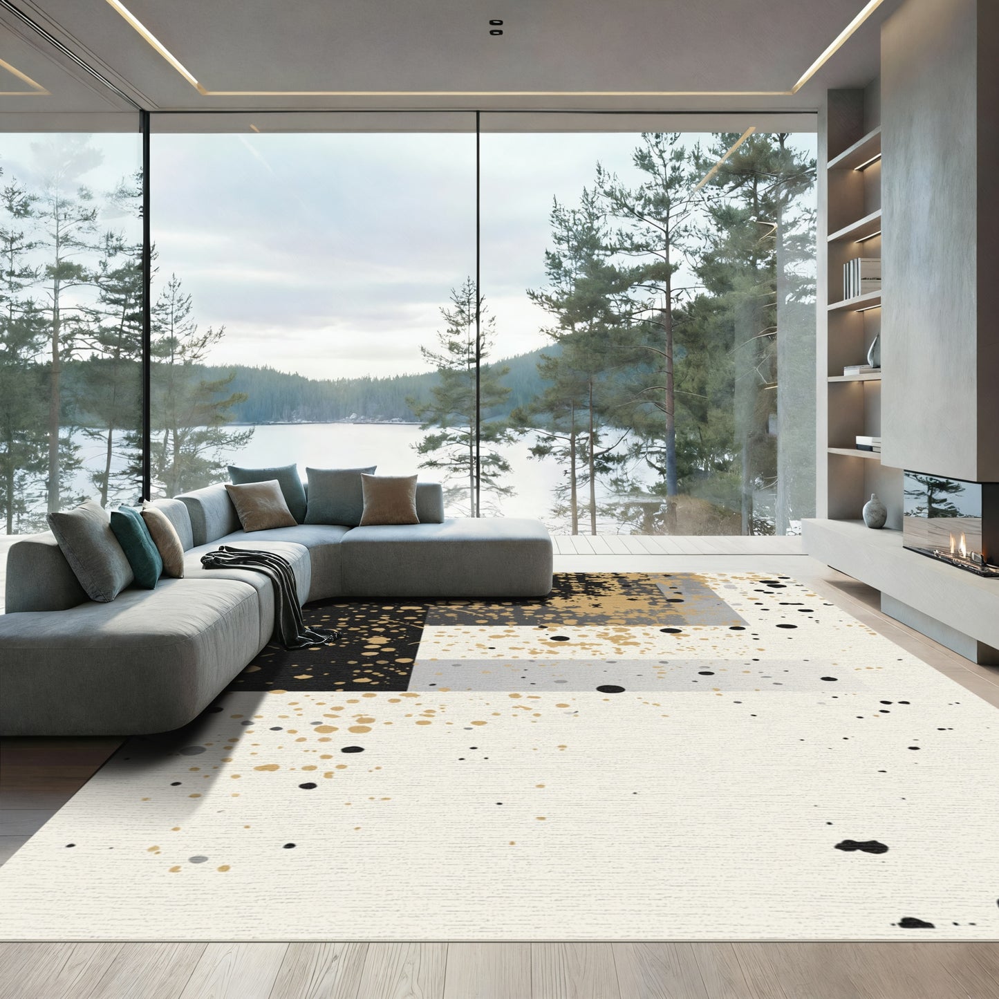 Black Gold Splatter Geometric Blocks Rug