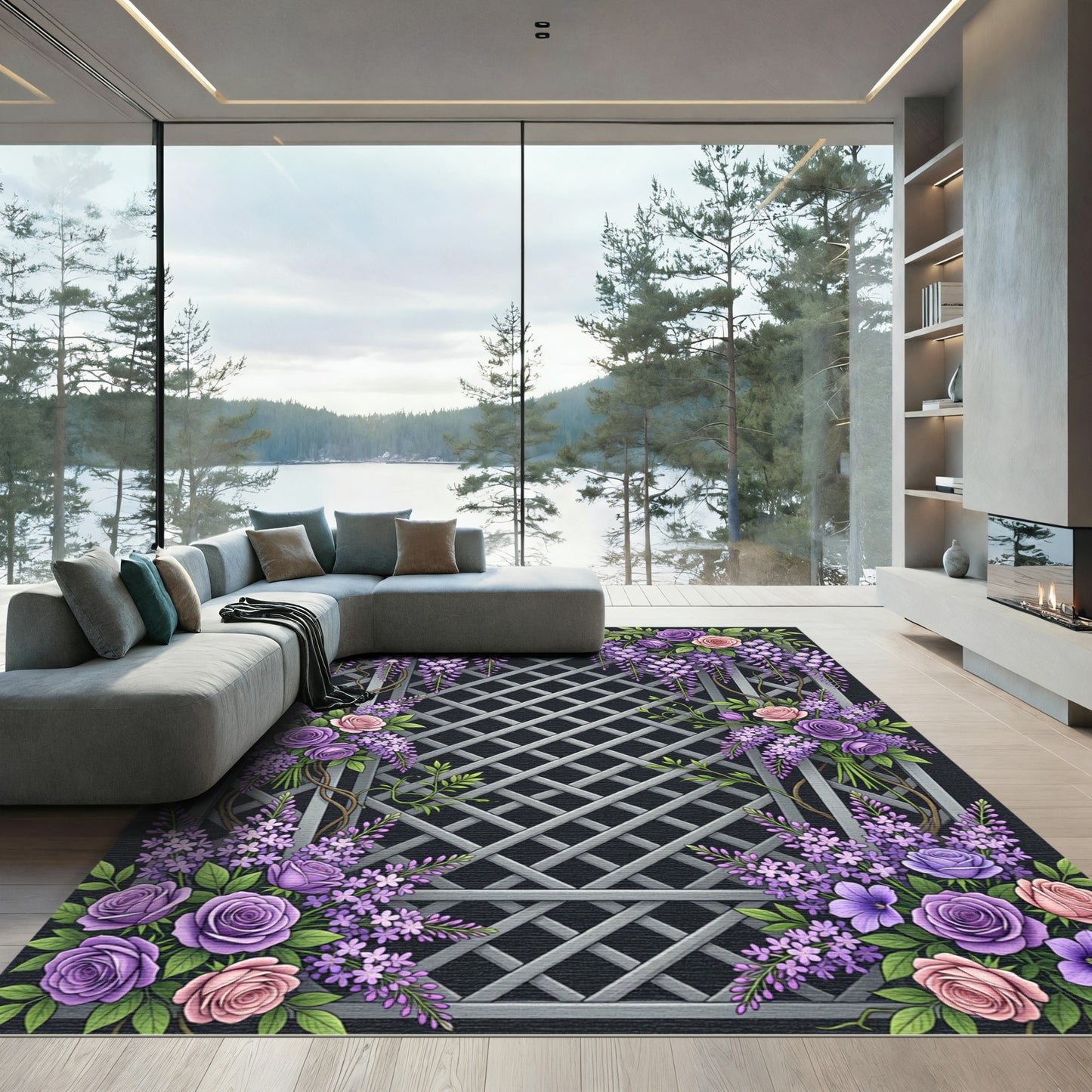 Purple Wisteria Rose Garden Trellis Rug