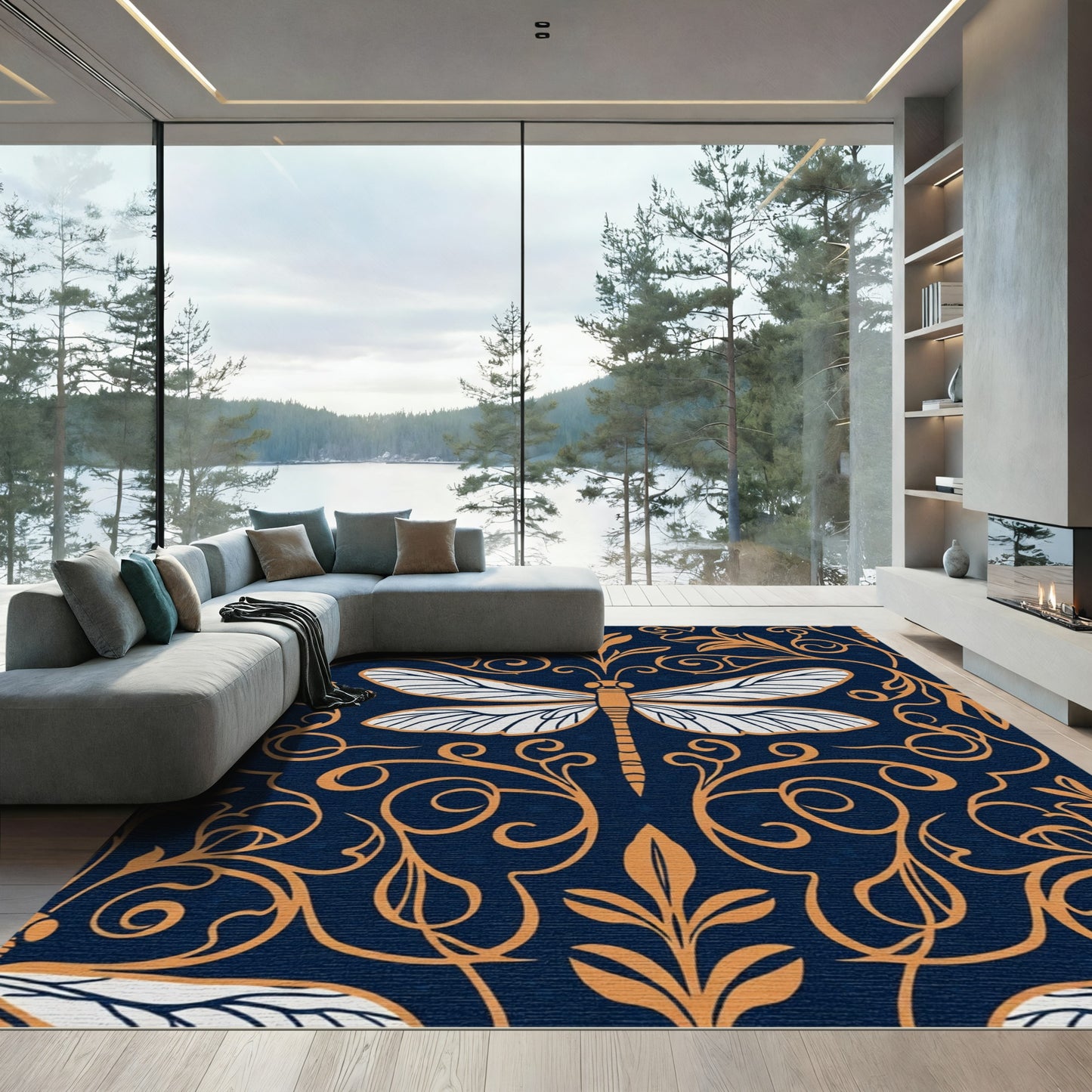 Indigo Dragonfly Vine Scrollwork Rug