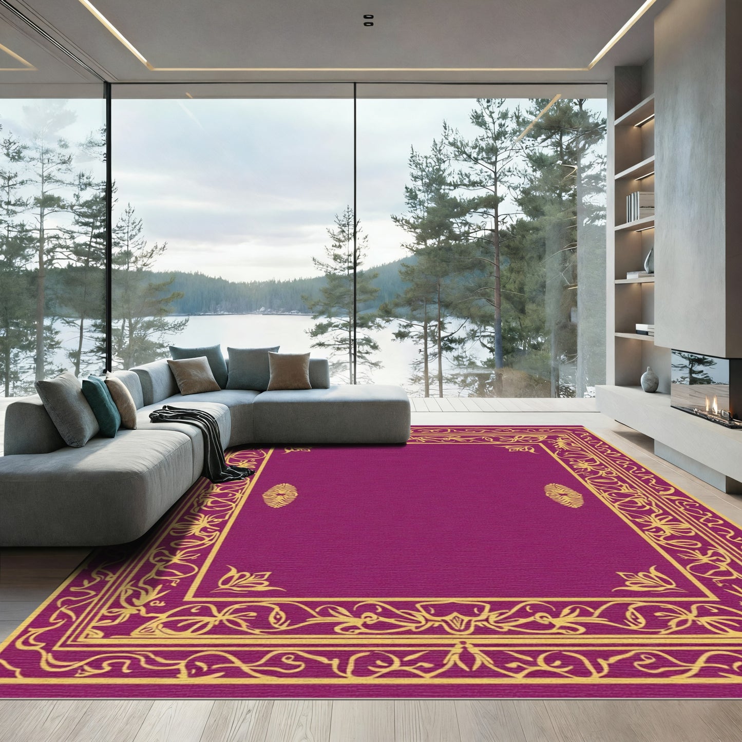 Ornate Gold Floral Frame Magenta Rug