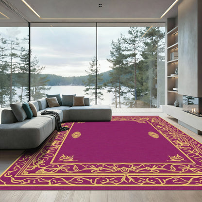 Ornate Gold Floral Frame Magenta Rug