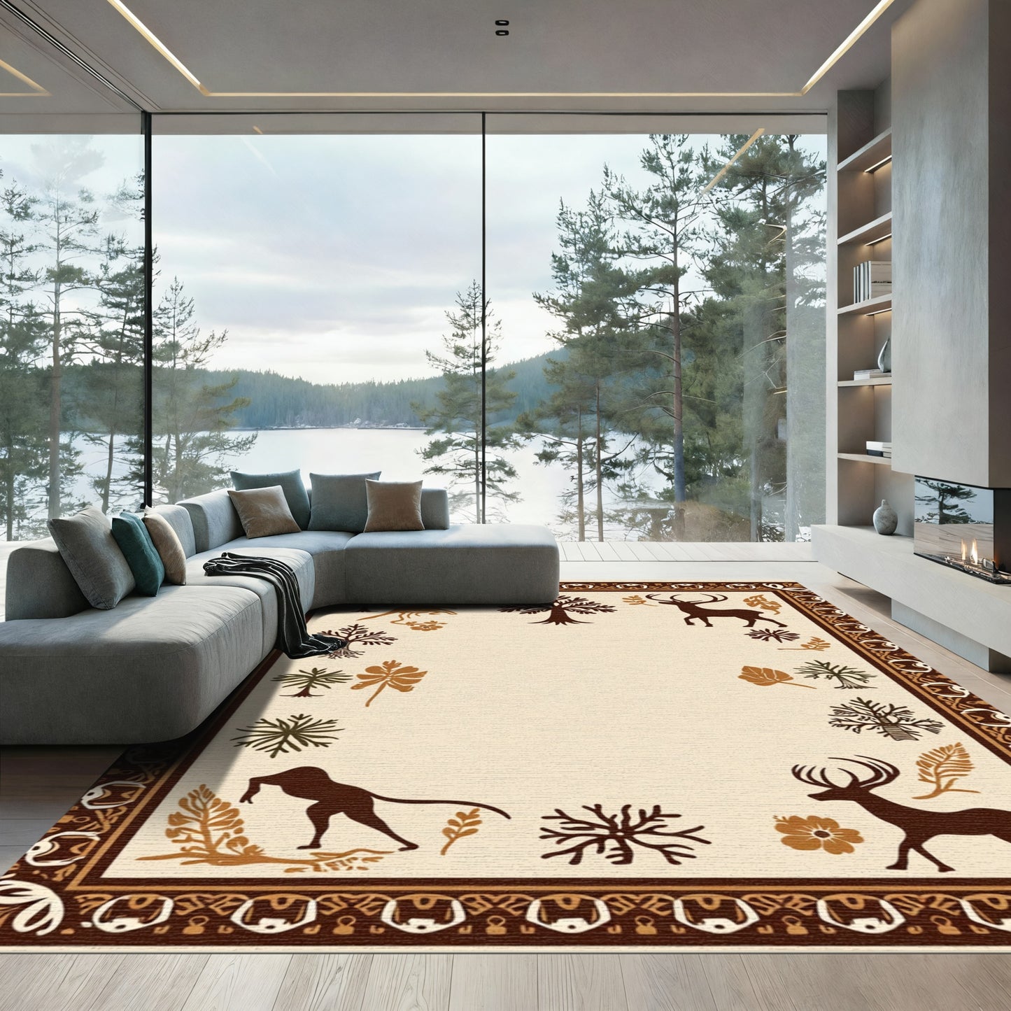 Rustic Brown Wildlife Tree Border Rug