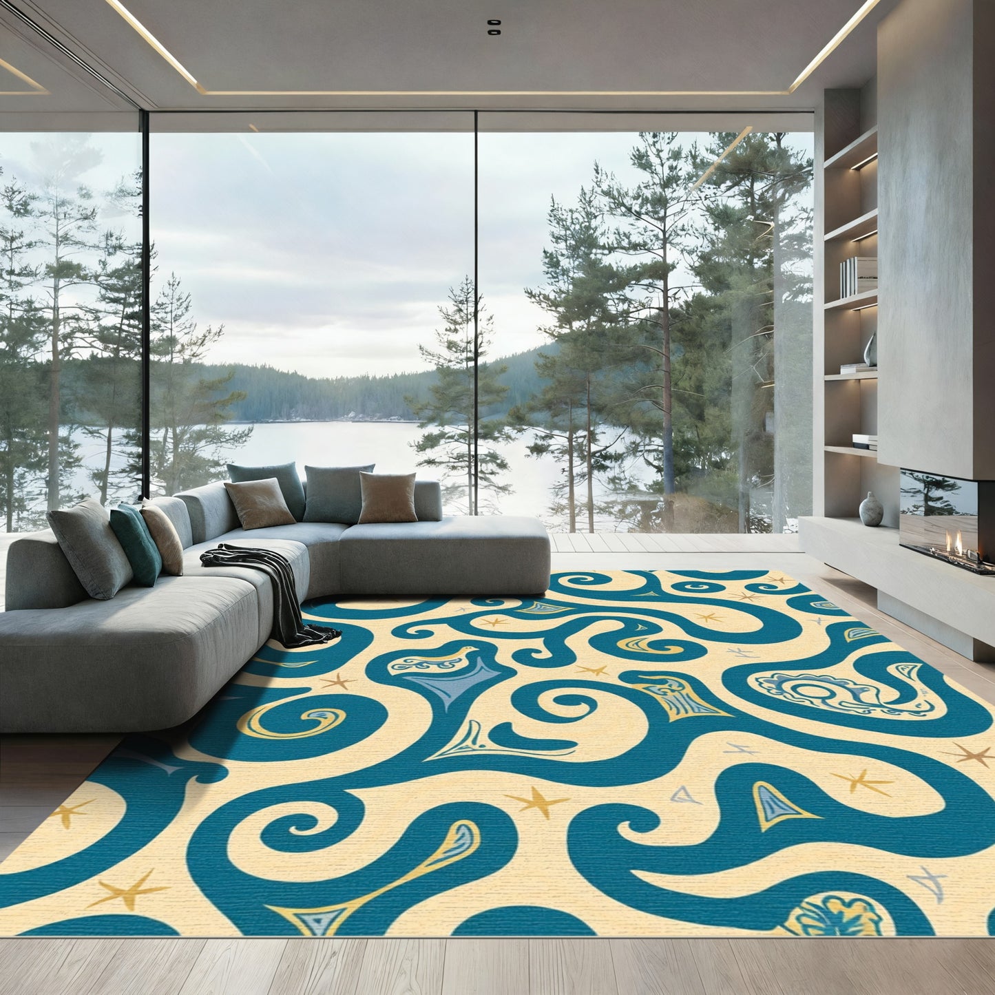 Teal Yellow Swirls Whimsical Bird Medallion Rug