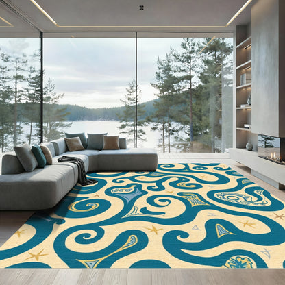 Teal Yellow Swirls Whimsical Bird Medallion Rug