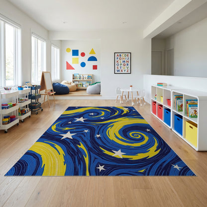 Navy Yellow Swirling Stars Rug