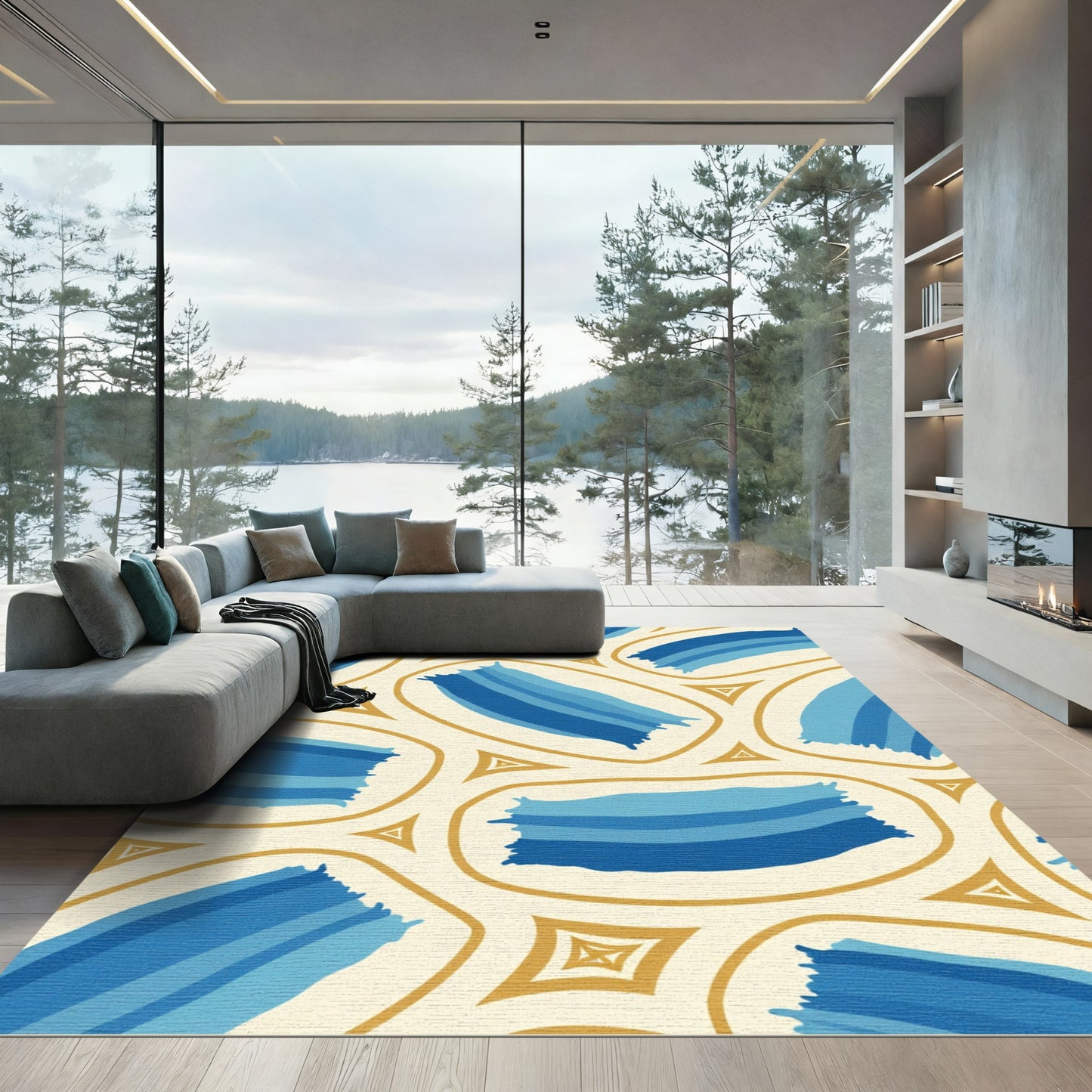 Abstract Blue Brush Stroke Oval Rug