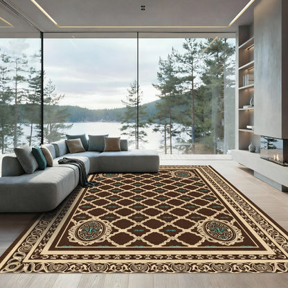 Brown Cream Teal Medallion Lattice Decor Rug
