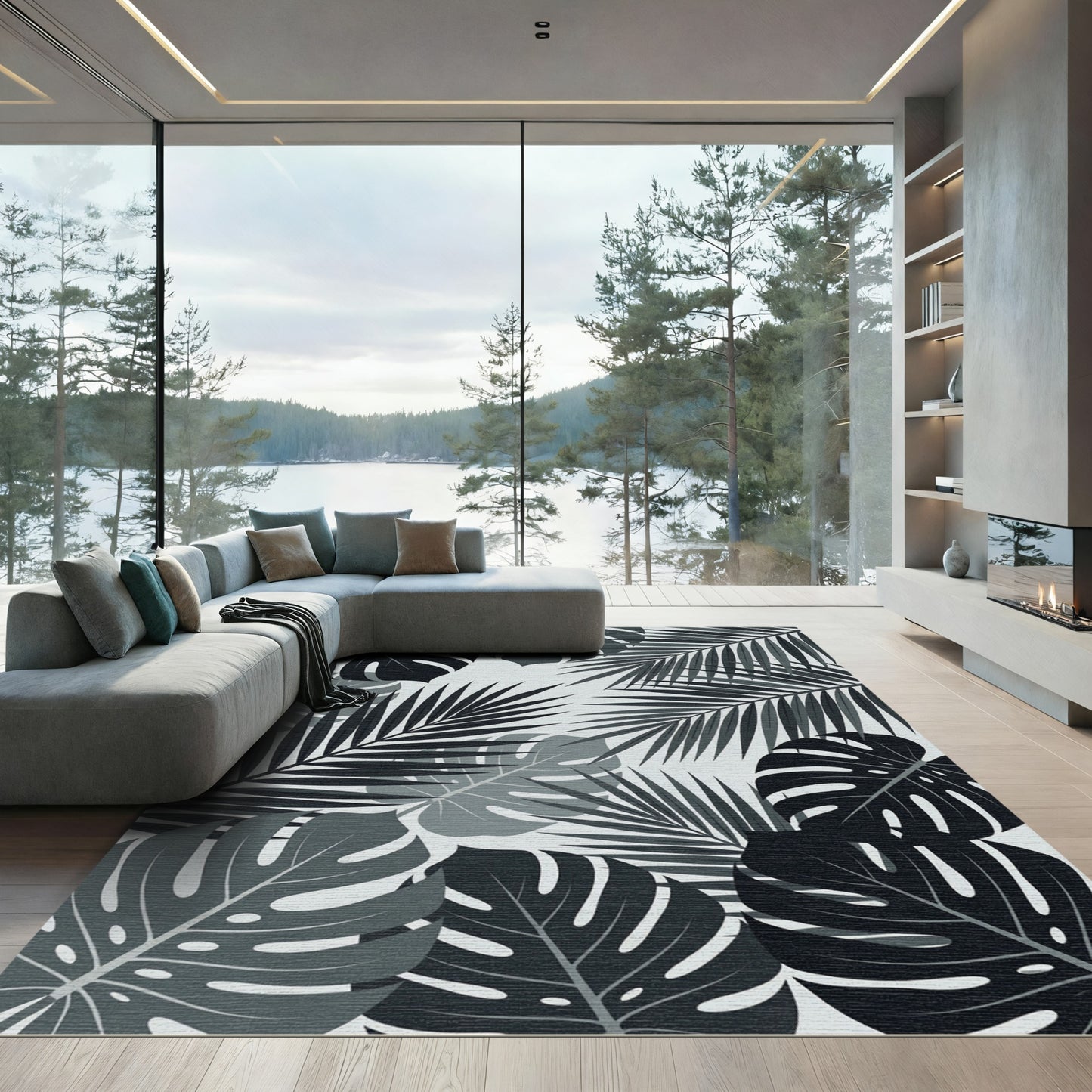 Monstera Palm Leaf Charcoal Gray Rug