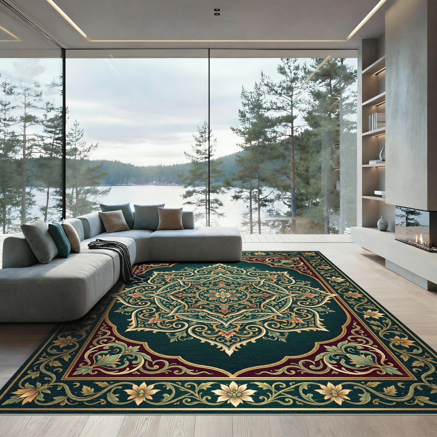 Ornate Emerald Golden Floral Medallion Rug