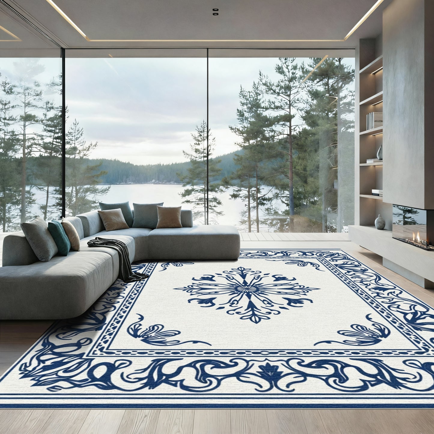 Majestic Blue Scrollwork Corner Rug