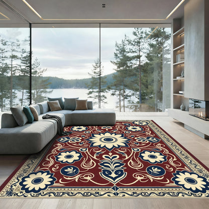 Deep Red Floral Symmetry Central Bloom Rug