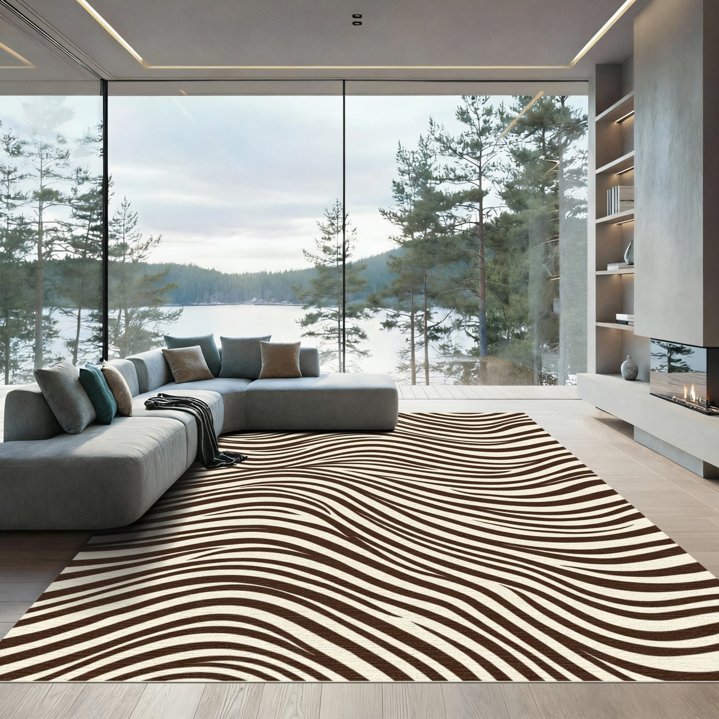 Brown Cream Zebra Stripe Waves Rug