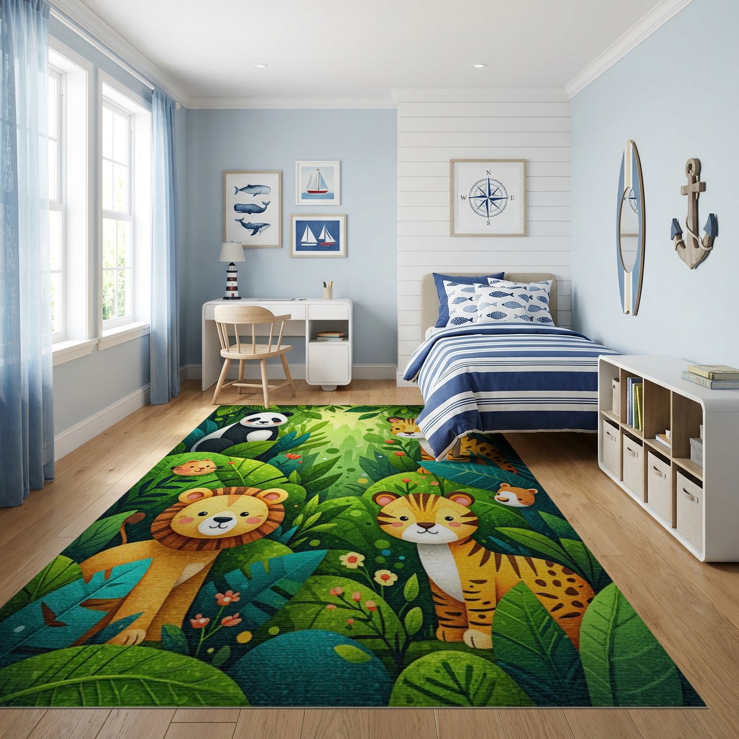 Whimsical Panda Tiger Lion Jungle Rug