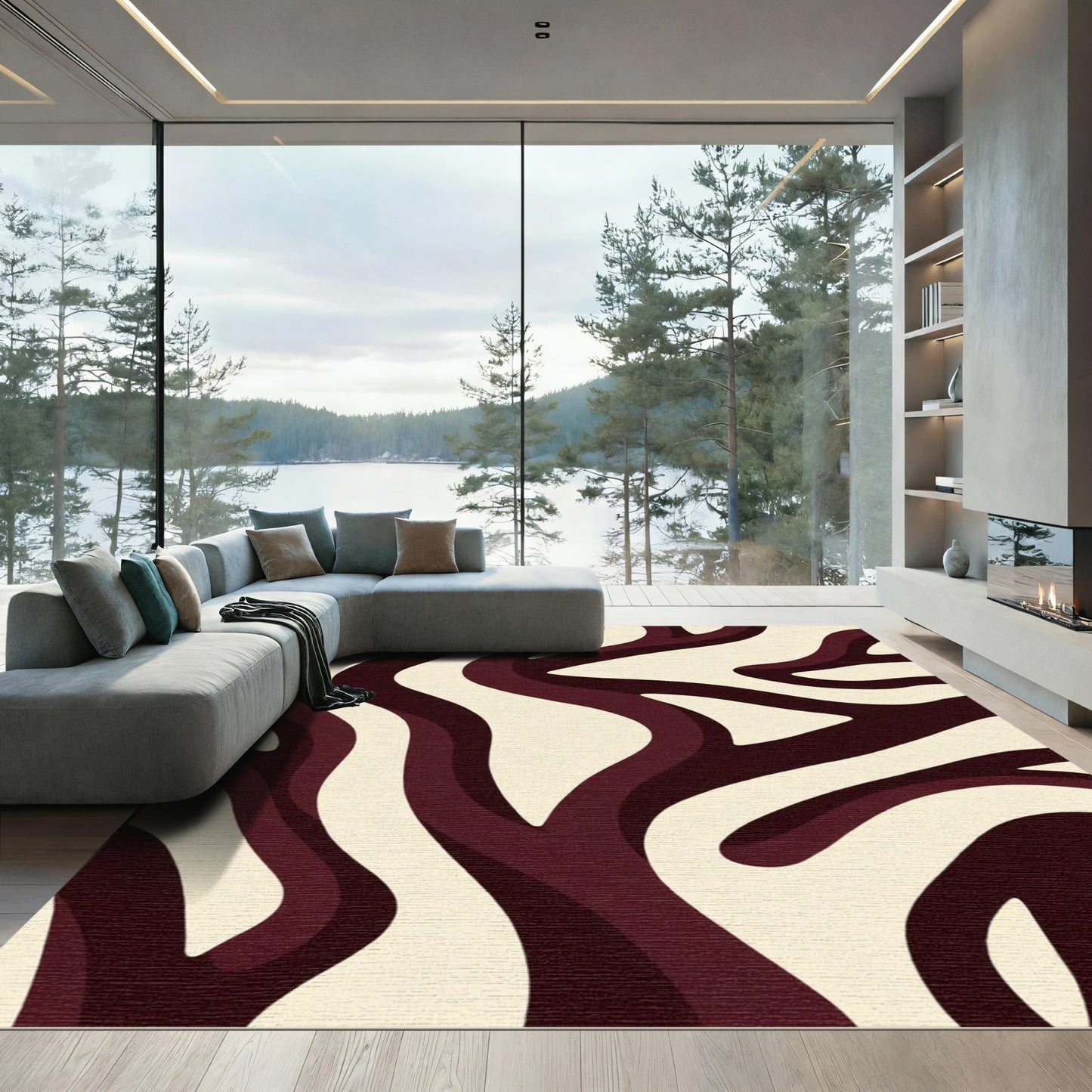 Crimson White Wavy Stripe Flow Rug