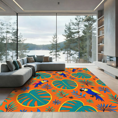 Tropical Macaw Parrot Leafy Orange Rug