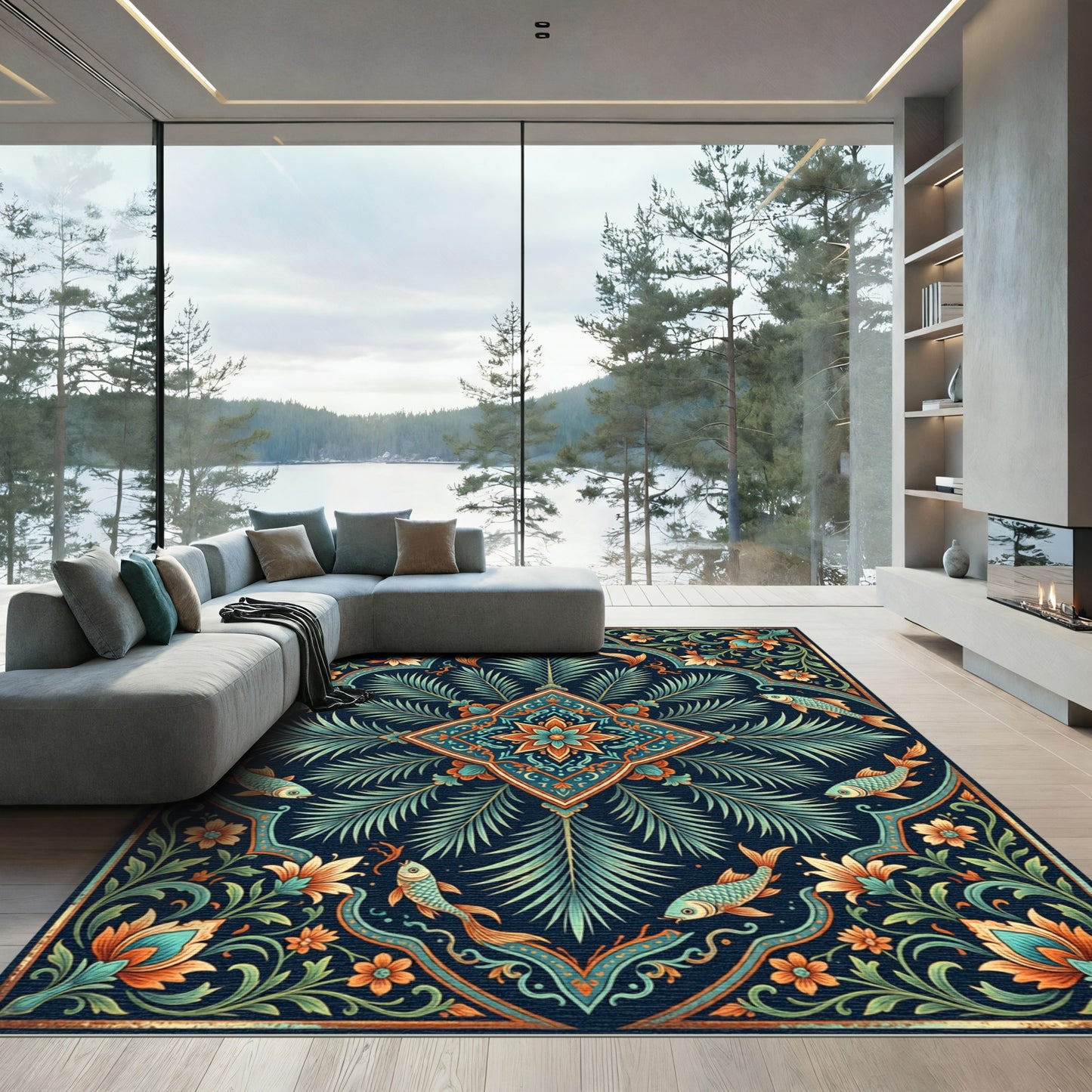 Ornate Teal and Copper Botanical Fish Rug