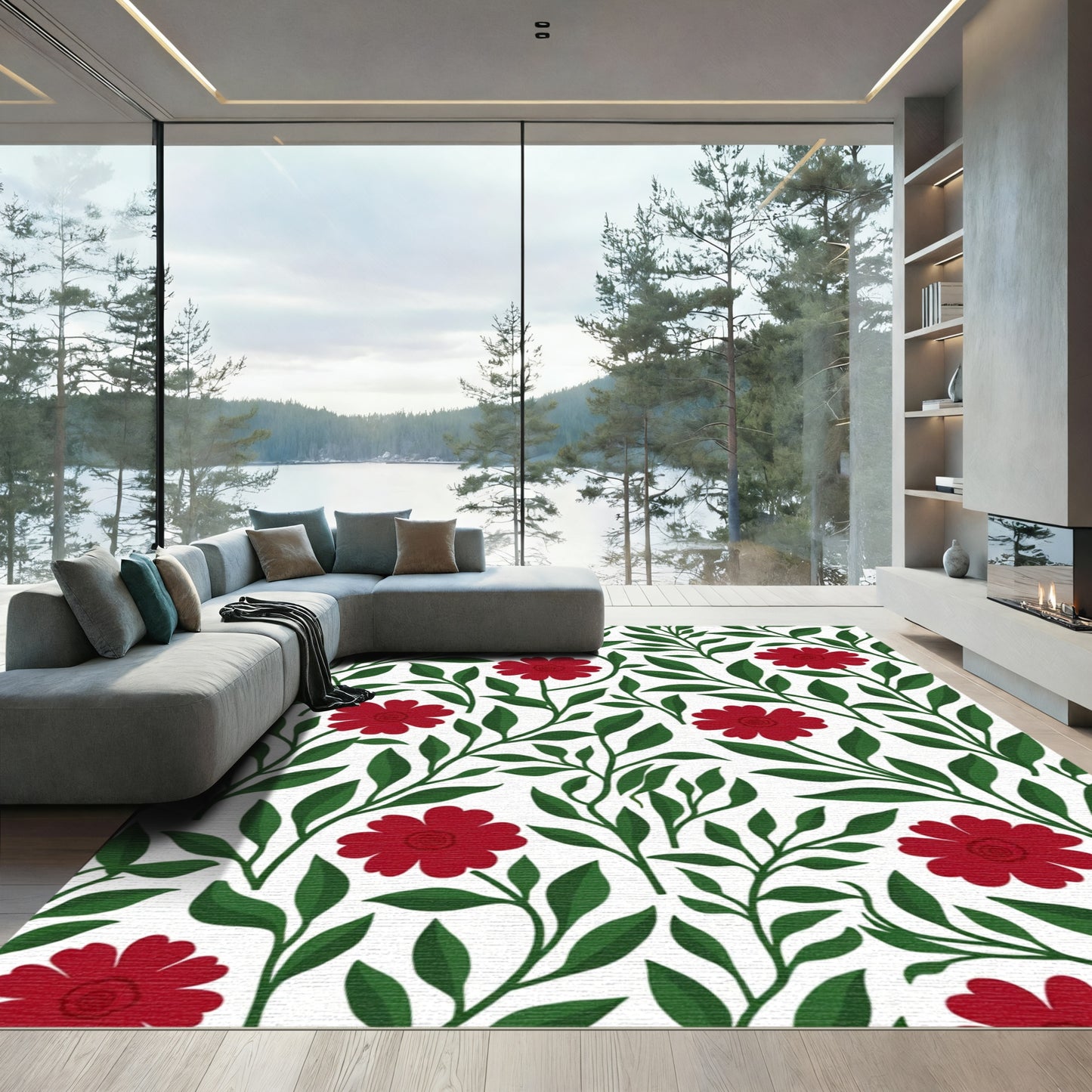 Crimson Floral Scroll Branches Rug