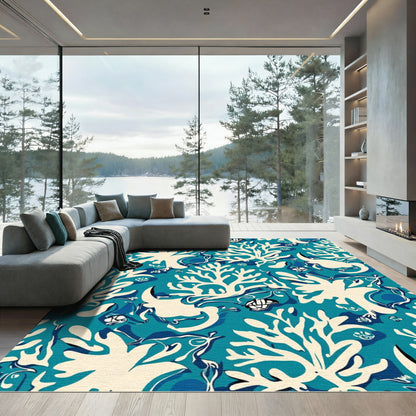 Teal White Coral Organic Underwater Scene Rug