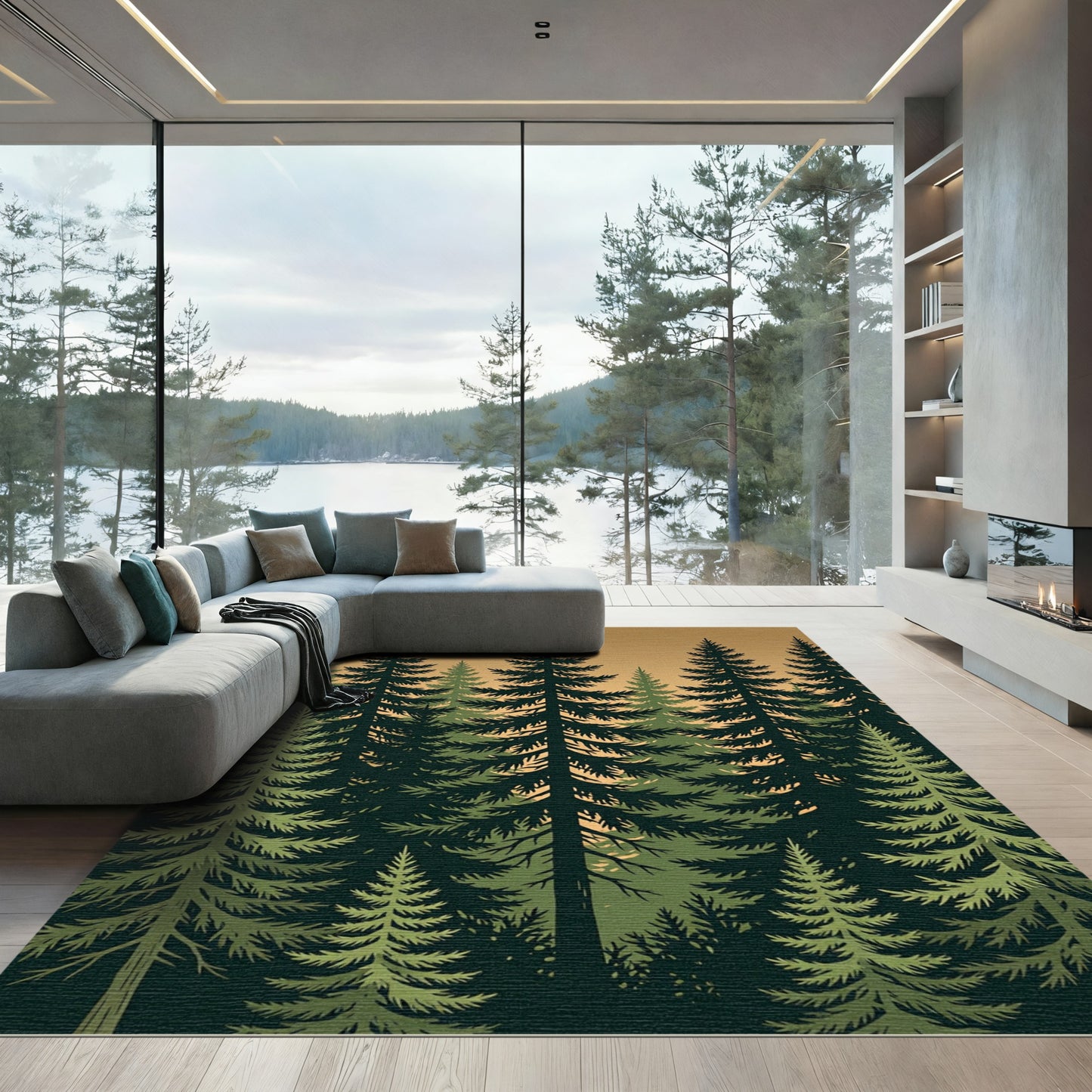 Earthy Evergreen Forest Silhouette Rug