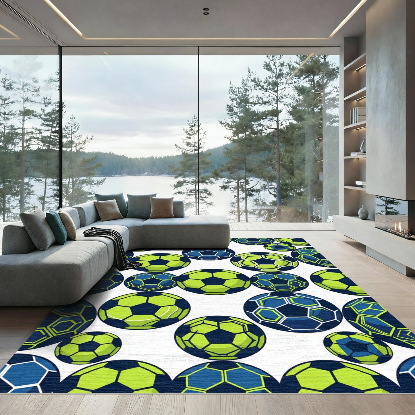 Vibrant Neon Soccer Ball Geometric Graphic Rug