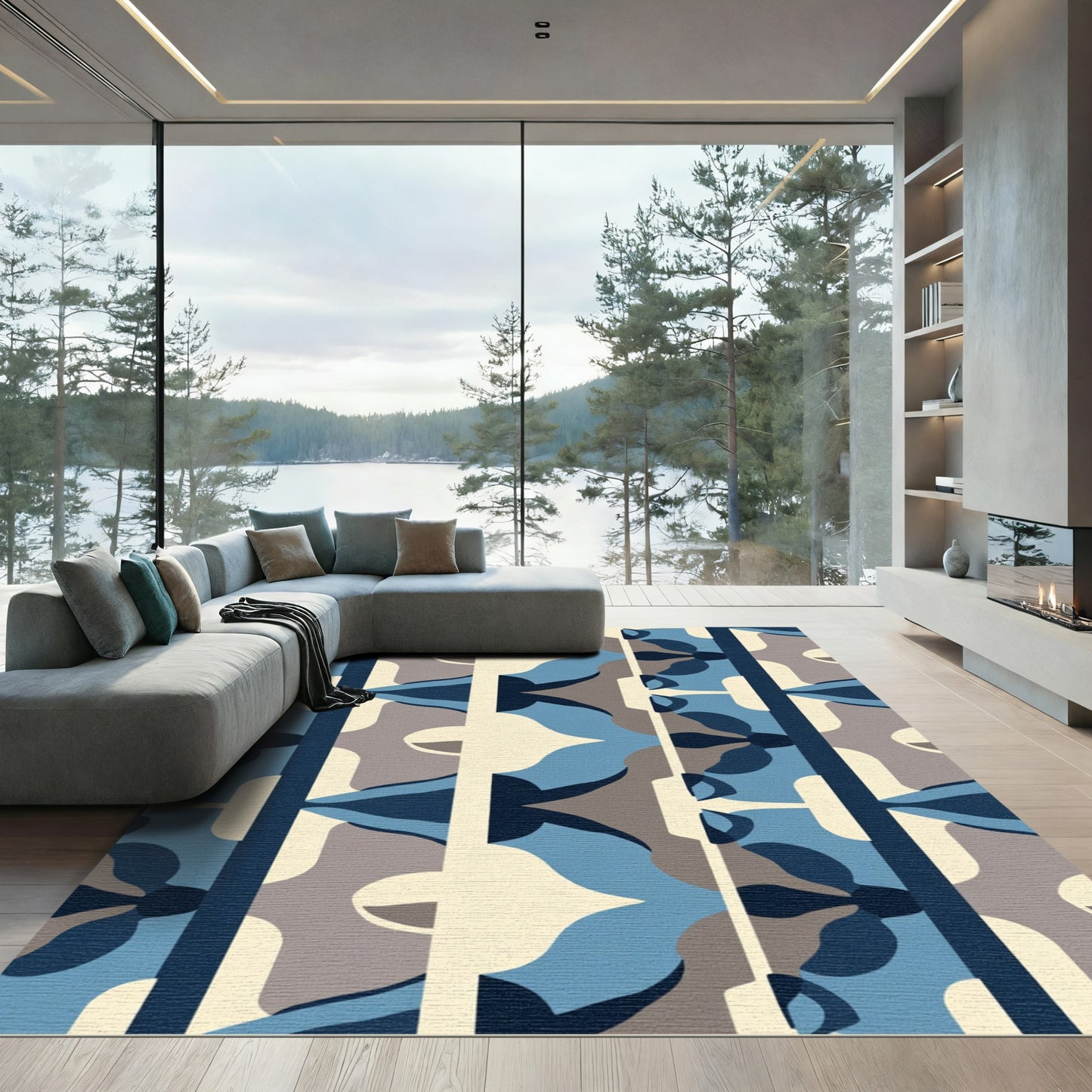 Dark Blue Geometric Floral Symmetry Rug