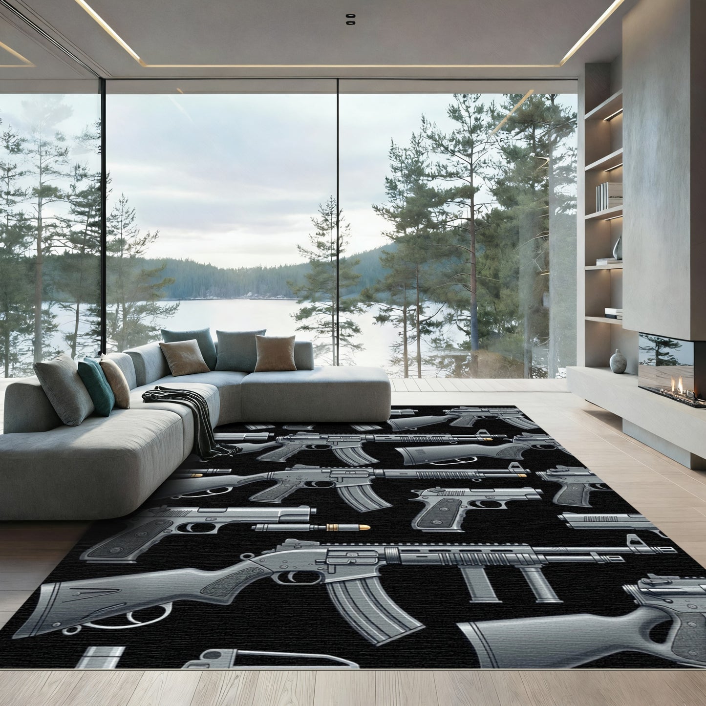 Industrial Monochrome Tactical Firearm Composition Rug