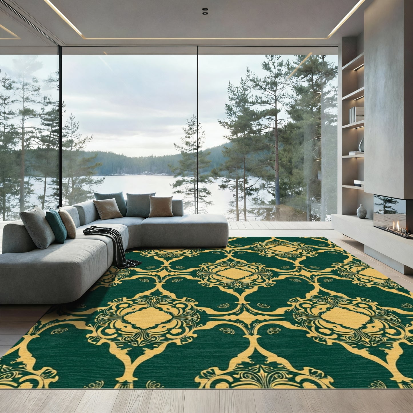 Regal Emerald Gold Scroll Medallion Rug