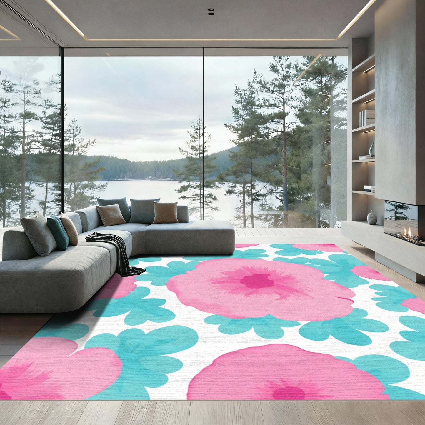 Pink Blue Floral Blossom Arrangement Rug