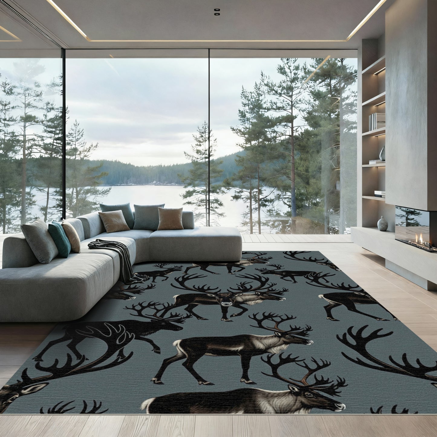 Dark Gray Reindeer Silhouette Woodland Rug