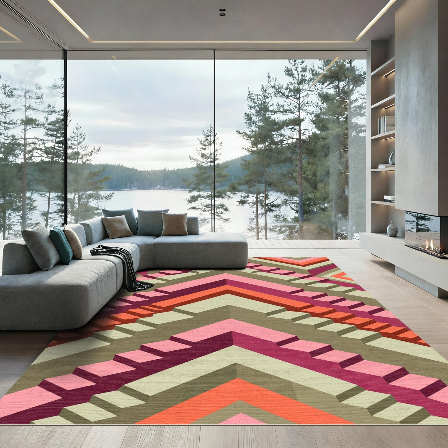 Geometric Stairs Pink Orange Khaki Rug