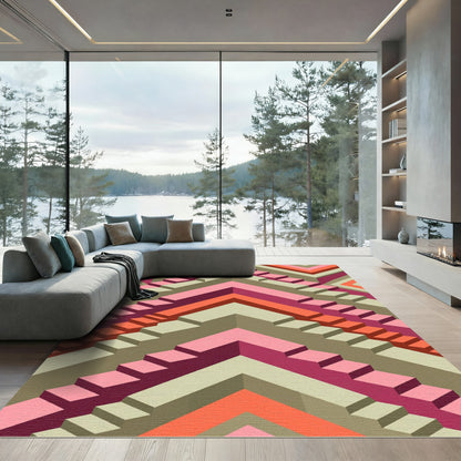 Geometric Stairs Pink Orange Khaki Rug