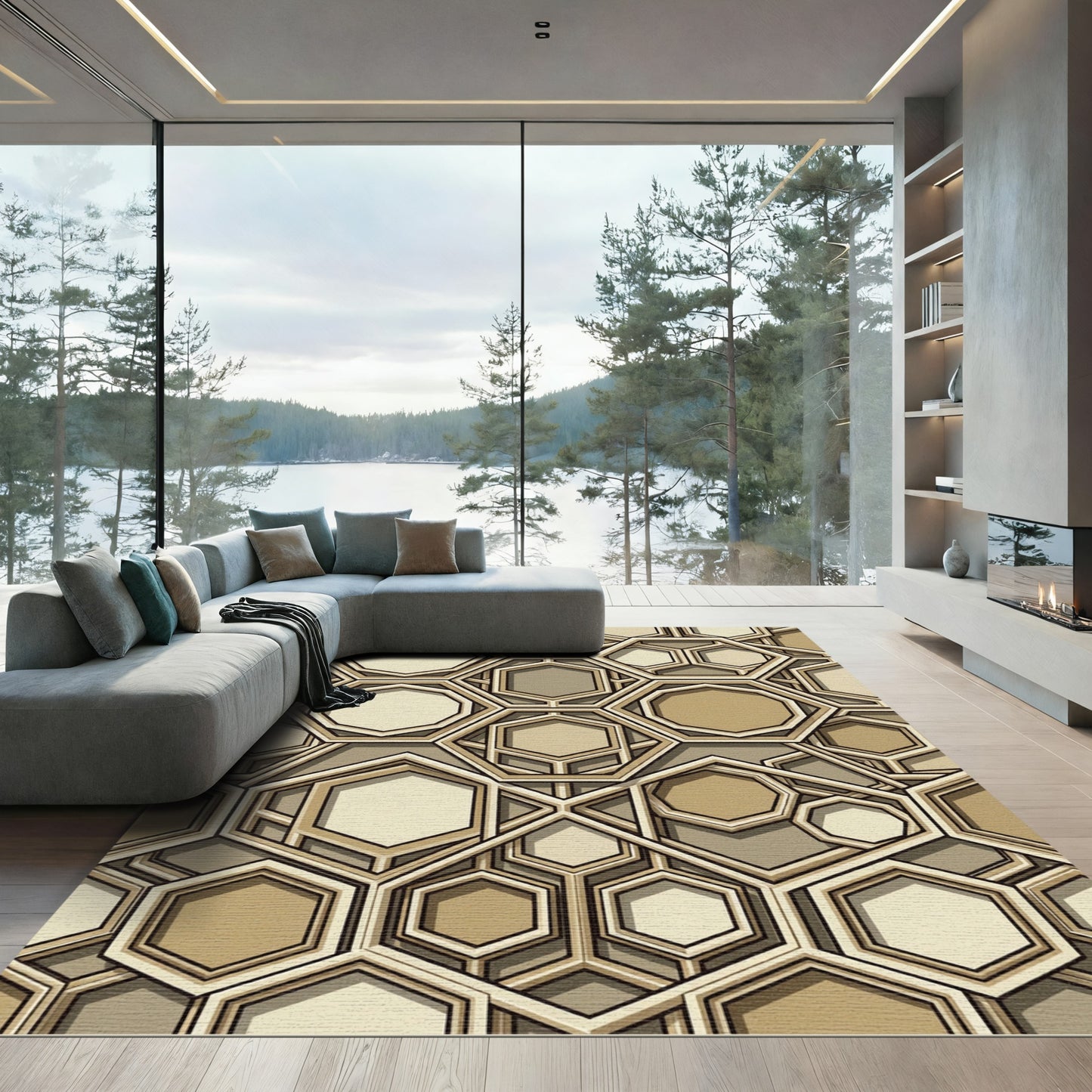 Beige Geometric Hexagon Earth Tone Lattice Rug