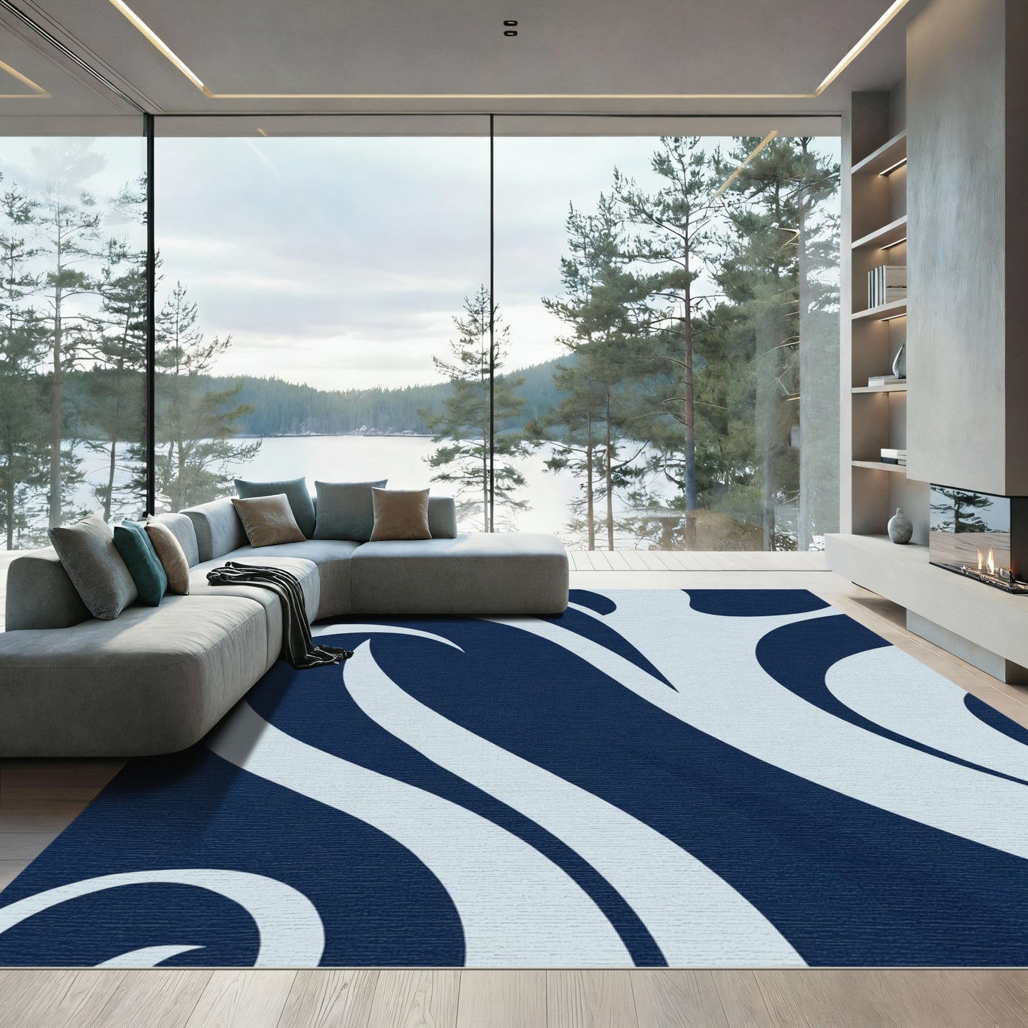 Deep Navy and Pale Blue Swirls Rug