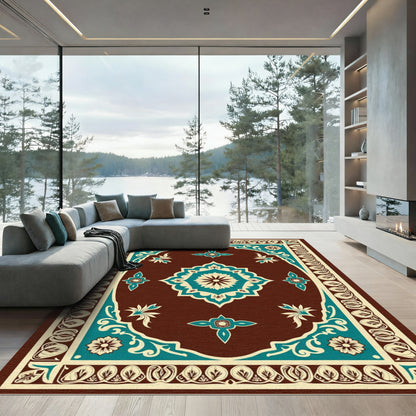 Rich Teal Floral Ornament Frame Rug